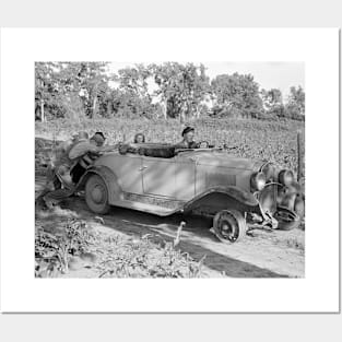 Pushing A Car, 1939. Vintage Photo Posters and Art